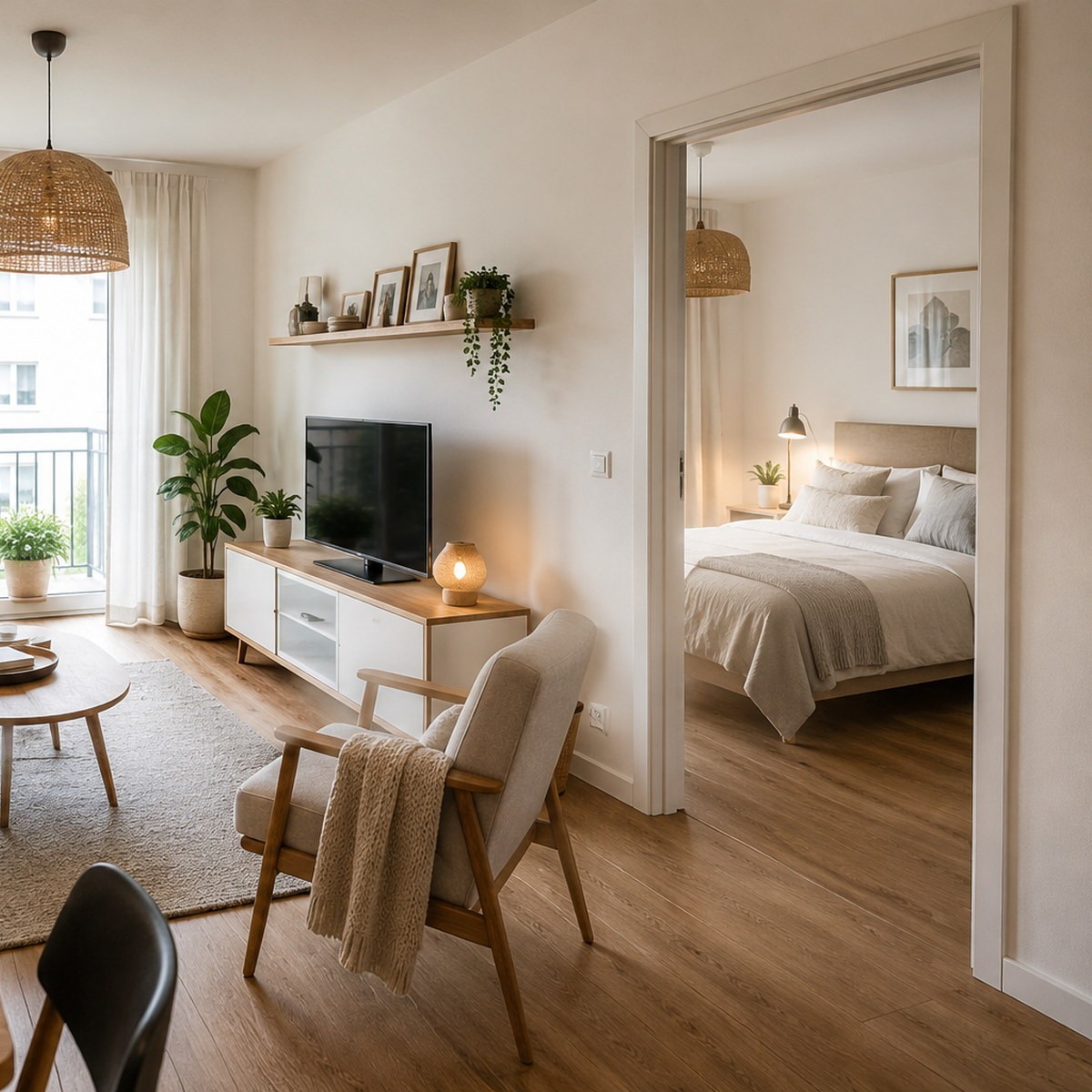 Wohnzimmer mit angrenzendem Schlafzimmer