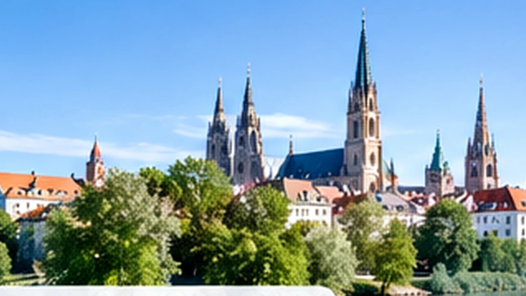 Städtische Häuser und Kirchtürme hinter Bäumen